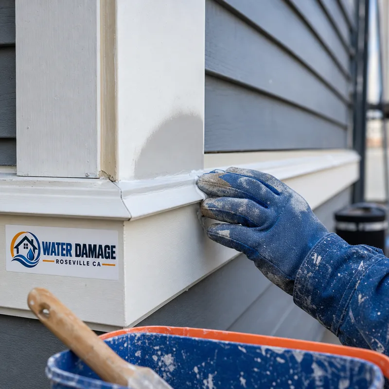 Prepared exterior siding and trim with feather-sanded paint edges, a newly caulked seam, and a primed repair