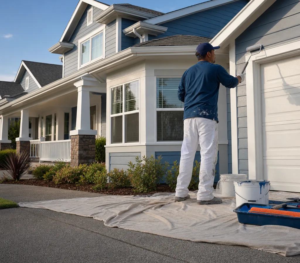 Freshly painted Roseville home with clean trim lines, neatly staged painting tools, and protected hardscape