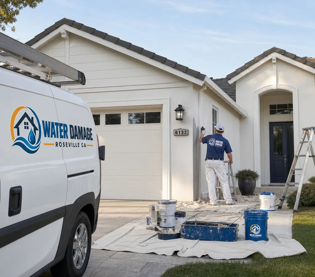 Freshly painted Roseville home with clean trim lines, neatly staged painting tools, and protected hardscape