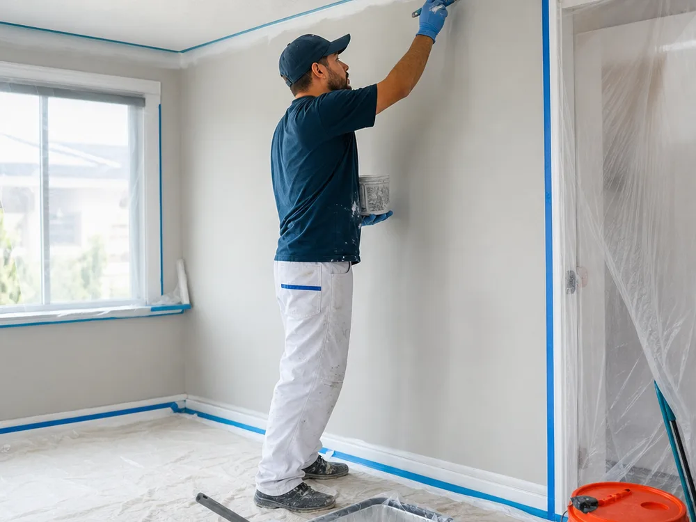 Painter cutting in along a ceiling in a bright room with covered floors, masked trim, and organized tools