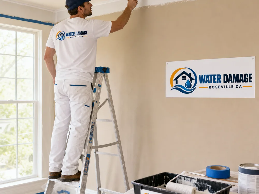 Painter cutting in along a ceiling in a bright room with covered floors, masked trim, and organized tools