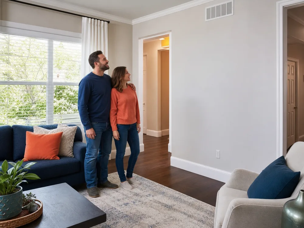Freshly painted living room with smooth eggshell walls, bright white baseboards, and clean ceiling and casing lines