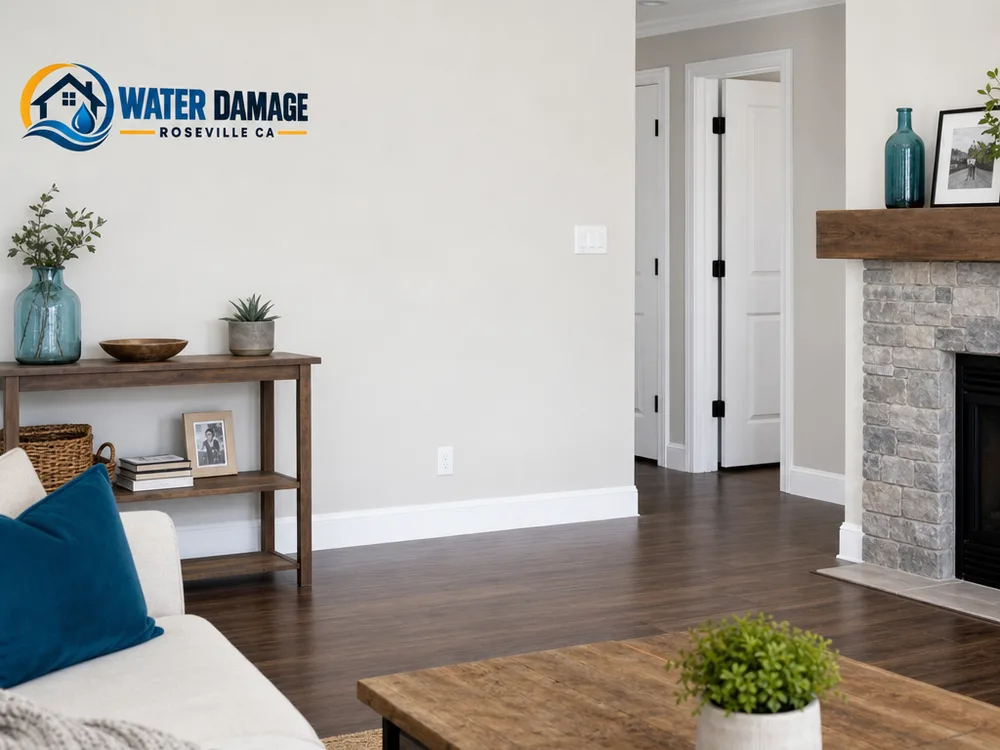 Freshly painted living room with smooth eggshell walls, bright white baseboards, and clean ceiling and casing lines