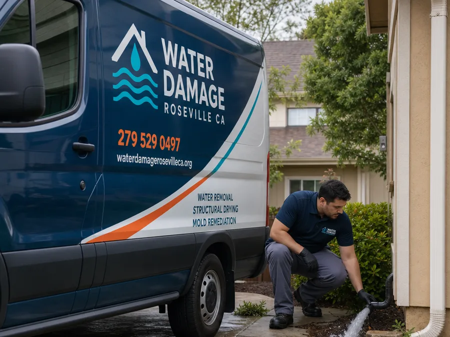 Technician setting containment and air movers along a hallway affected by moisture from a bathroom leak