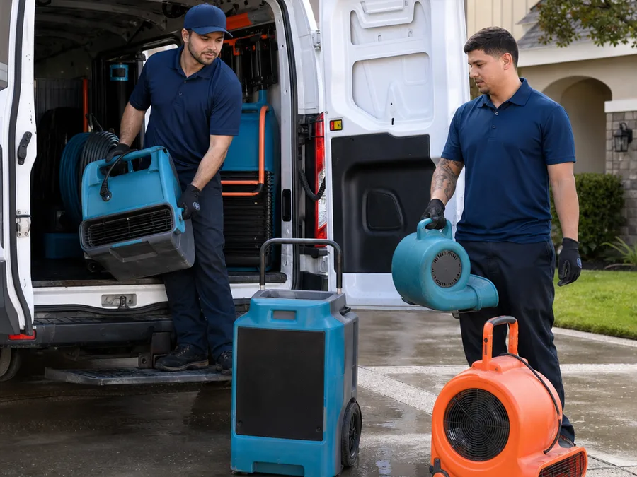 Water damage crew loading dehumidifiers and air movers from a work vehicle