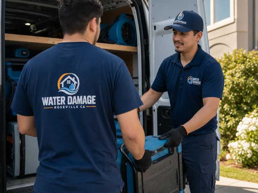 Water damage crew loading dehumidifiers and air movers from a work vehicle